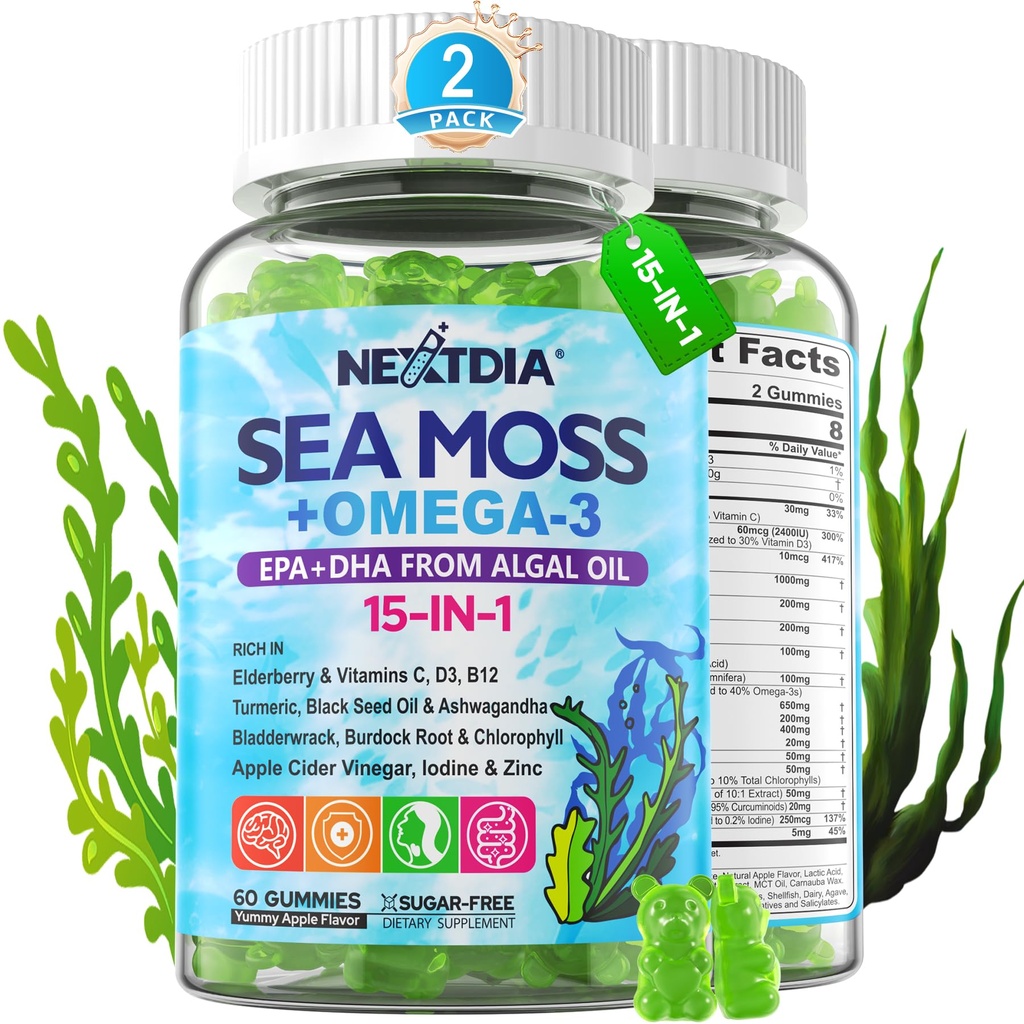 Sea Moss Gummies + Algae Omega-3 dla dorosłych, 15- IN-1 Organic Irish Moss Superfood z / Vitamin C D3 B12, Turmeric, Bladderwrack, Wsparcie energii, Mózg, Immune, Witalność dzienna, Sugar- Free, 120 Cts