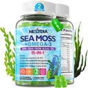 Sea Moss Gummies + Algae Omega-3 dla dorosłych, 15- IN-1 Organic Irish Moss Superfood z / Vitamin C D3 B12, Turmeric, Bladderwrack, Wsparcie energii, Mózg, Immune, Witalność dzienna, Sugar- Free, 120 Cts
