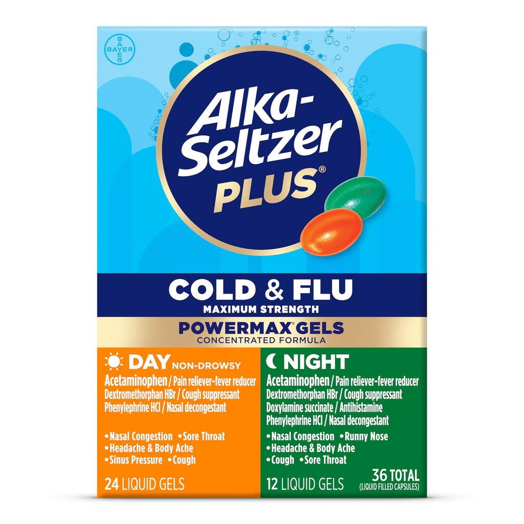 Alka- Seltzer Plus Power Max Cold & Flu Day + Night Medicine: Cough Suppressant, Cold and Flu Medicine Dla dorosłych i dzieci 12 Lat i starszych, 36 Hrabia, Opakowania maja Vary