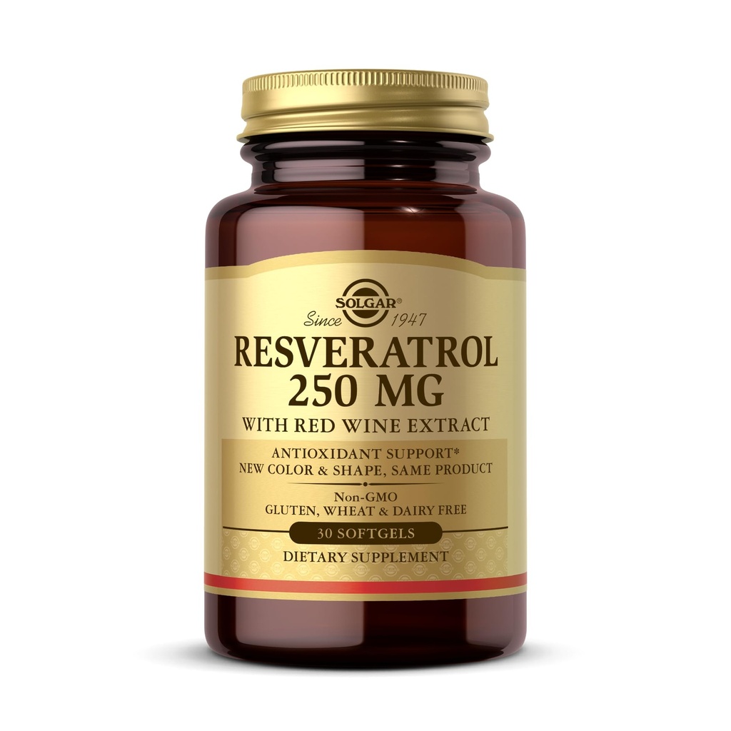 Solgar Resveratrol 250 mg z Red Wine Extract - 30 Softgels - Wsparcie przeciwutleniające - Non-GMO, Gluten Free, Dairy Free - 30 Servings