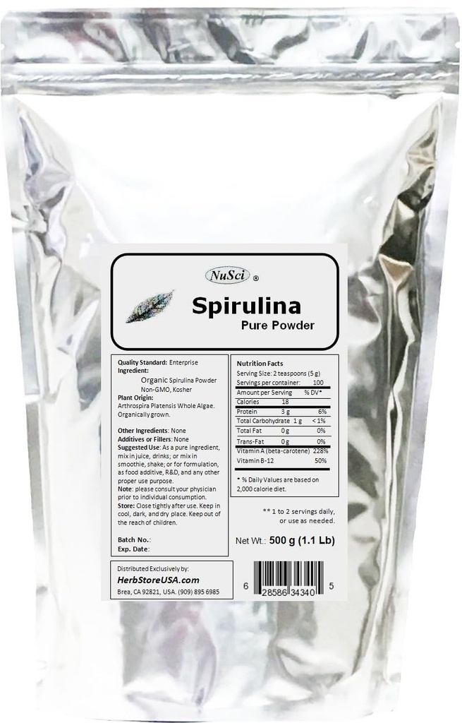 Spirulina uprawiana ekologicznie 100% Czysty proszek 500g (1.1 lb) Świeże GMO wolne nienapromieniowane