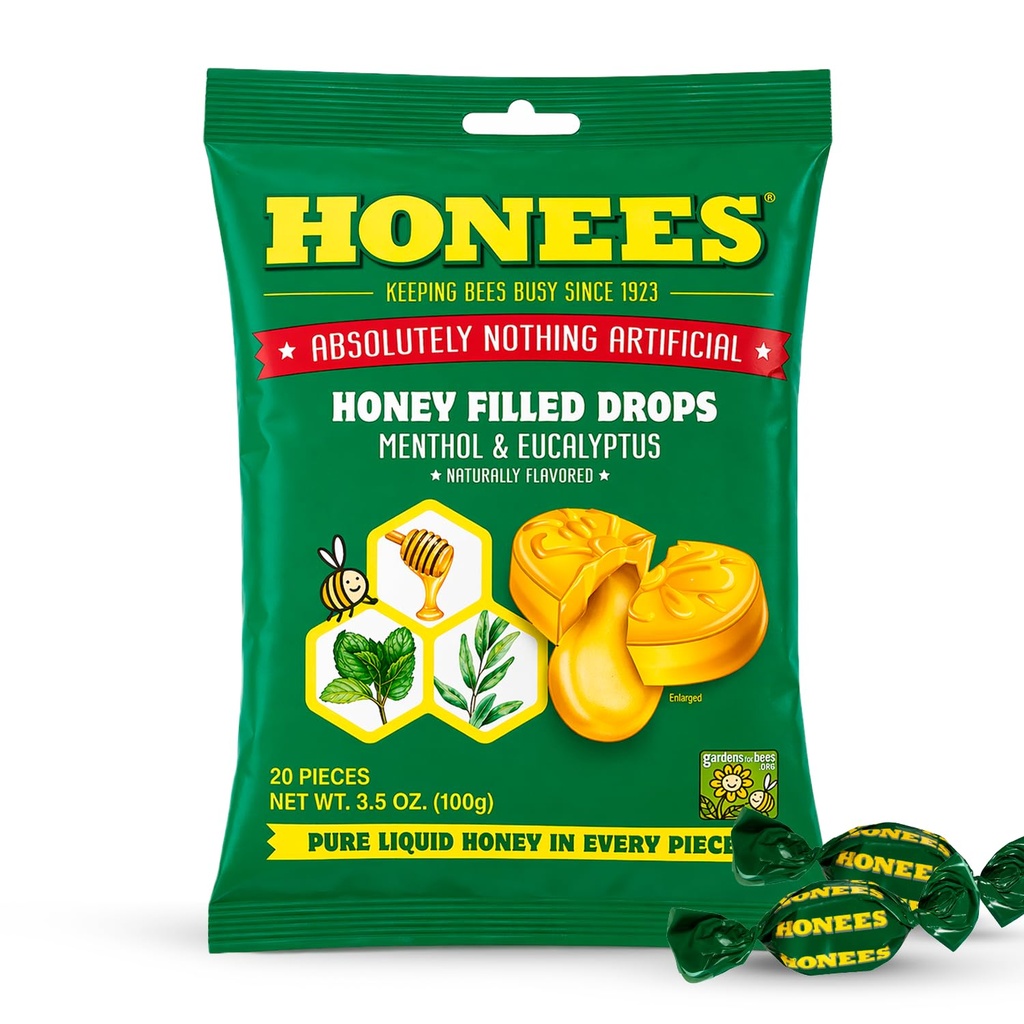 Honees Honey Menthol Cough Drops - 20- Piece, Single Pack Honey- Napełnione Lozenges 124; Tymczasowe ulgi z Cough 124; Koszy ból gardła 124; Wszystkie naturalne