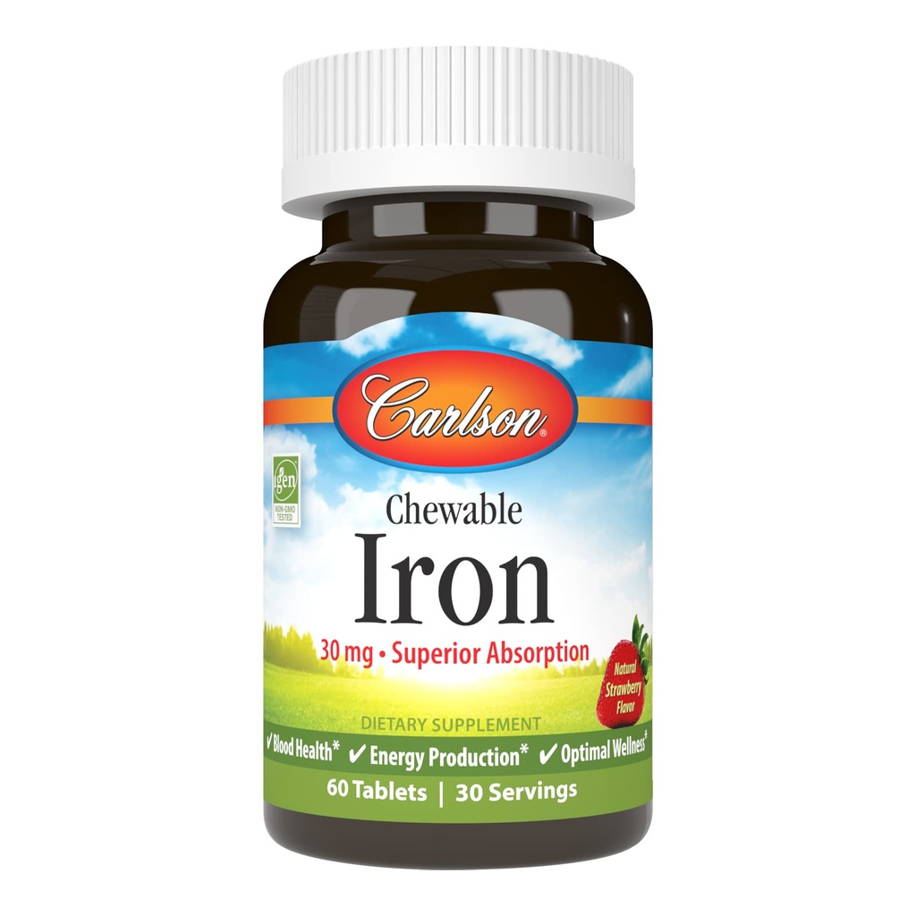 Carlson - Żelazo do żucia, 30 mg, Superior Absorption, Blood Health, Energy Production & Optimal Wellness, Natural Strawberry Flavor, 60 tabletek