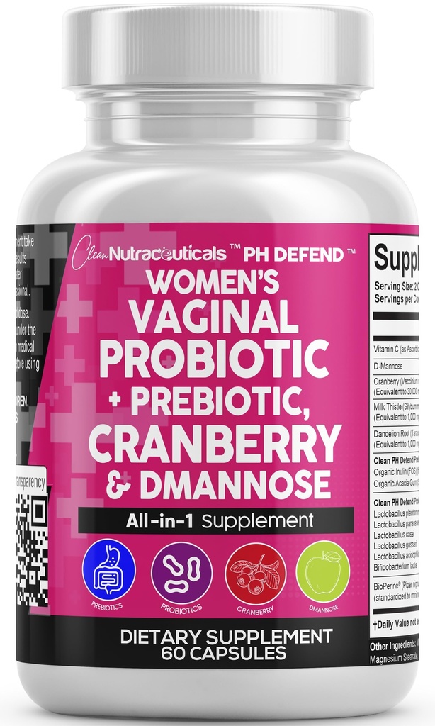 Probiotyki waginalne czyste Nutraceuticals dla kobiet z żurawiną, D- Mannoza, Prebiotyki, pH Wsparcie równowagi, Zdrowie kobiece, Trakt moczowy Cleanse - Kapsułka Alternatywna dla Gummies - 60 Count
