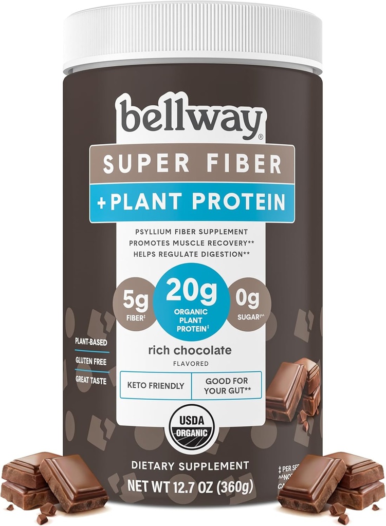 Bellway Super Fiber + Proszek proteinowy, Bez cukru Organic Pzyllium Husk Suplement Fiber Proszek z 20 g Białko roślin na serwowanie, Bogata czekolada, 12.7 oz