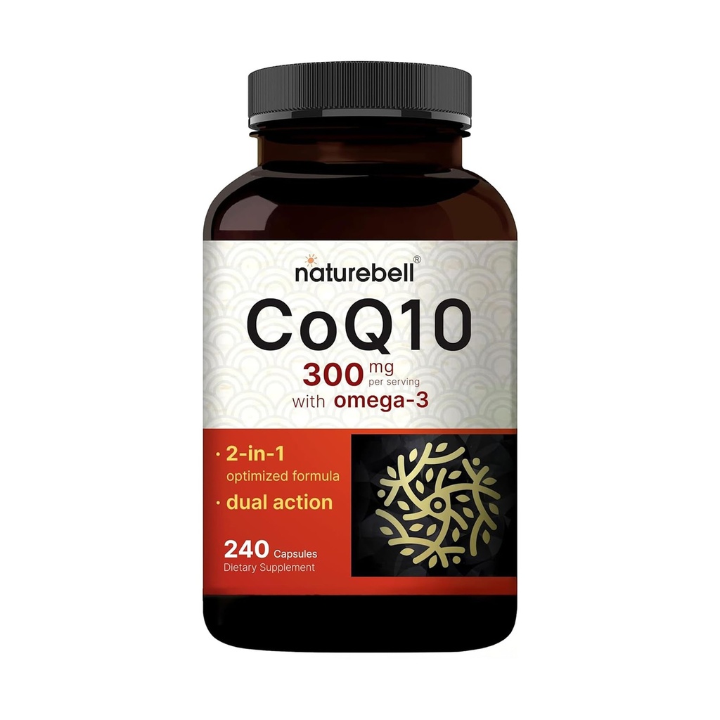 NatureBell CoQ10 300mg z Omega 3, 240 Kapsułek - 120 Day Supply 124; Stabilny formularz o wysokiej absorpcji - Przeciwutleniacz Wsparcie dla Heart & Energy Health - Dodatkowa moc Koenzym Q10 Suplement