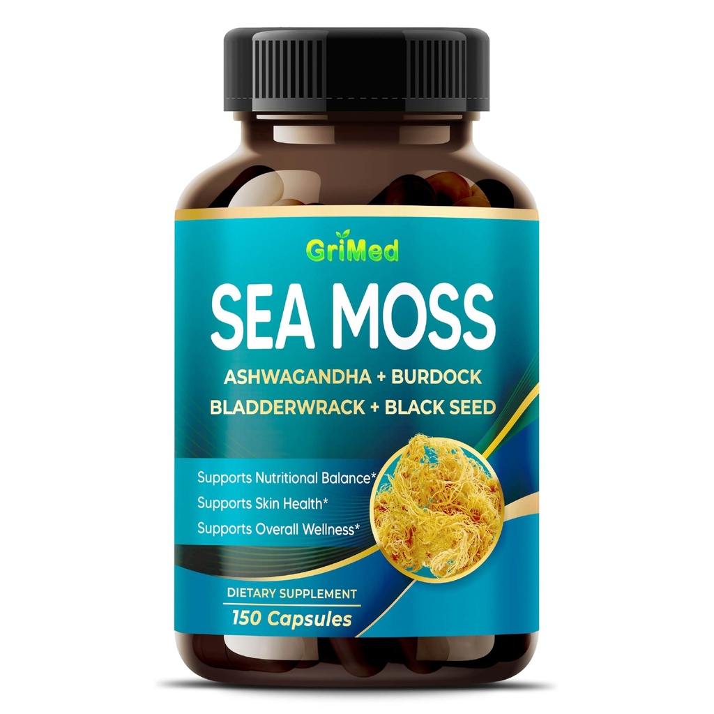 Premium Sea Moss z Ashwagandha, Burdock Bladderwrack, Black Seed dla układu immunologicznego, skóry, trawienia i energii- Made in The USA (150 Hrabia (Pack of 1))