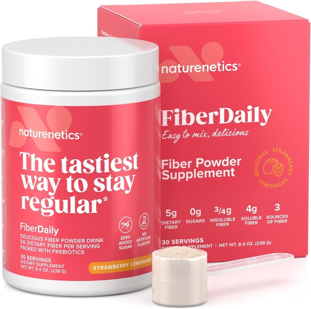 FiberDaily Delicious Fiber Powder - Organiczny Pyllium Husk, Agave Inulin & Sunfiber ® Guar Gum Truskawki Lemoniada Drink, Cugar- Free, Fiber rozpuszczalny, Prebiotyczny Suplement Fiber, Wegan, 30 Służenie