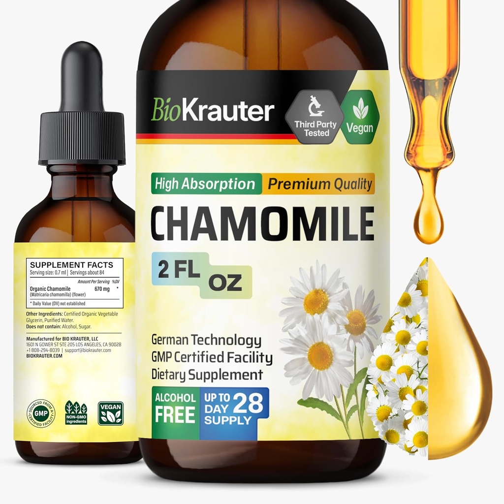 BIO KRAUTER Rumianek Kwiatów nalewka - Rumianek Extract - Zawiera Apigenin - Suplement do Relaxation and Calmness Support - Alkohol i cukier wolny - Vegan Drops 2 Fl.Oz.