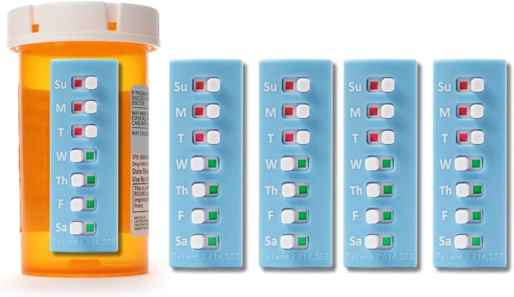 Pobierz-n-Slide Peel i Stick wielokrotnego użytku dla 12 + Napełniacze, Pill / Medication / Witamina / Pet Med Tracker & Reminder, Dołącz do butelki, Bez organizer, Zakrzywione-Back (Niebieski, 5-Pack)