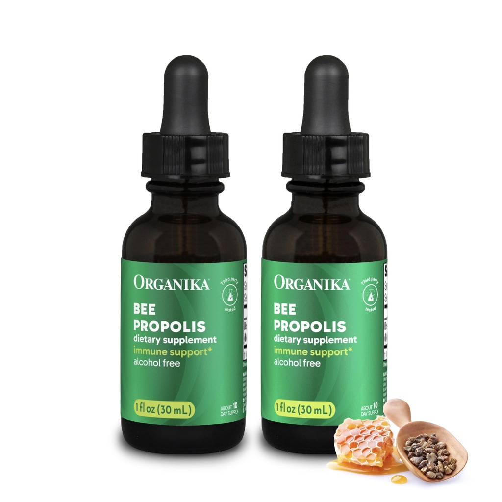 Organika Bee Propolis Tincture 1 oz x 2 Pack: Czysty i Vegan Propolis Extract dla immunologicznych defenses, Gardło i oddech - Wolny od gluten, GMO, & Sztuczne aromaty - 20 Day Prop Drops Supply