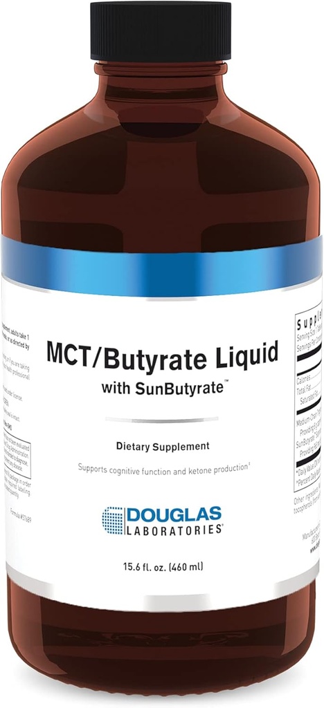Douglas Laboratories MCT / Butyrate Liquid with SunButyrate Index 124; Zapewnia wysoki koncentrat kwasu kaprylowego i kwasu butyrycznego w Przyjemnym Płynem Influenzacyjnym 124; 15.6 fl. oz.