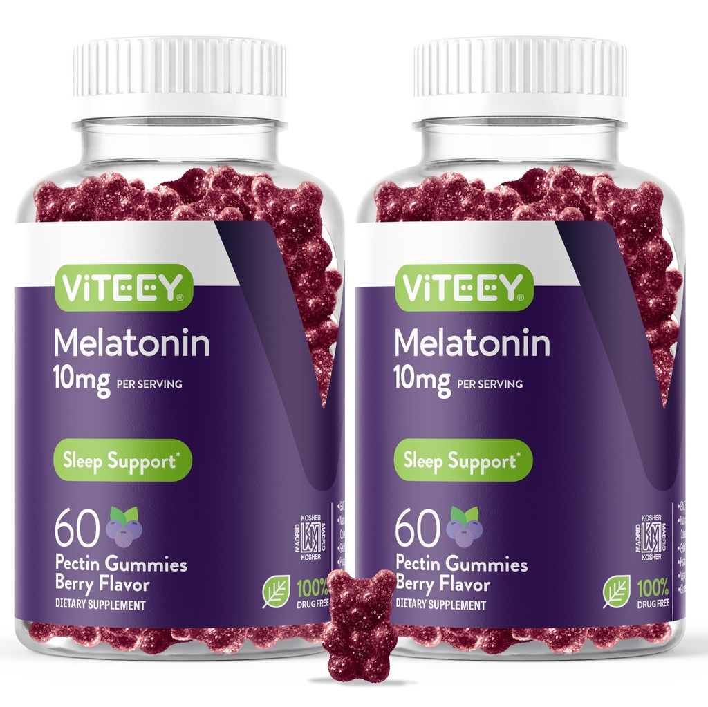 Viteey Melatonin Gummies 10mg - Gummies senny dla dorosłych Dodatkowa siła Melatonina - Wegan, GMO Free, Gluten Free - 120 Count