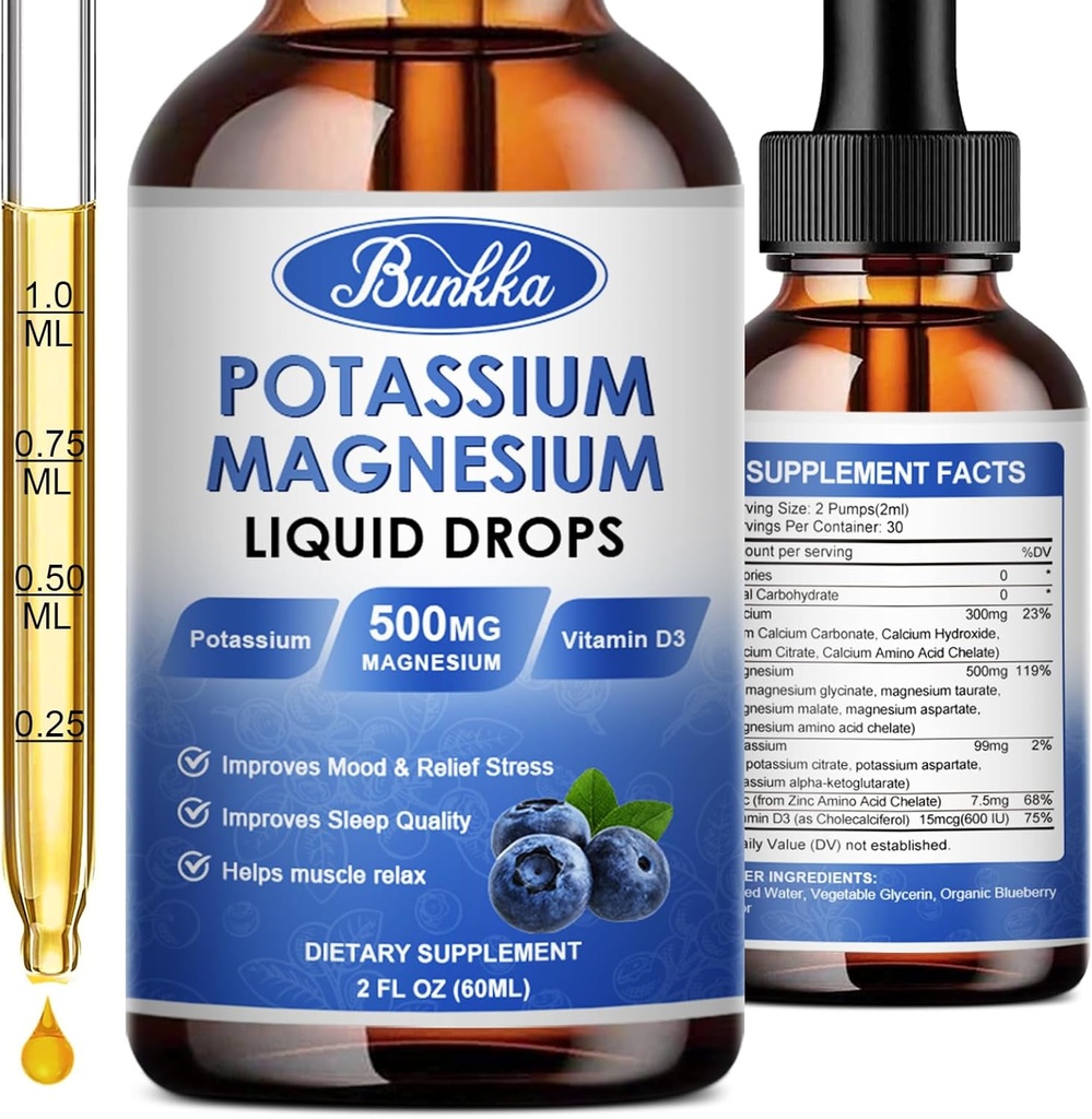 Suplement Magnezu Potasu - Wysoka Absorpcja Kompleks Magnezu 500mg & Potasu 99mg Plus Wapń, Witamina D3, Cynk, Suplement bez cukrów do Kurczków Nogi, Energia, Metabolizm (Borówka)
