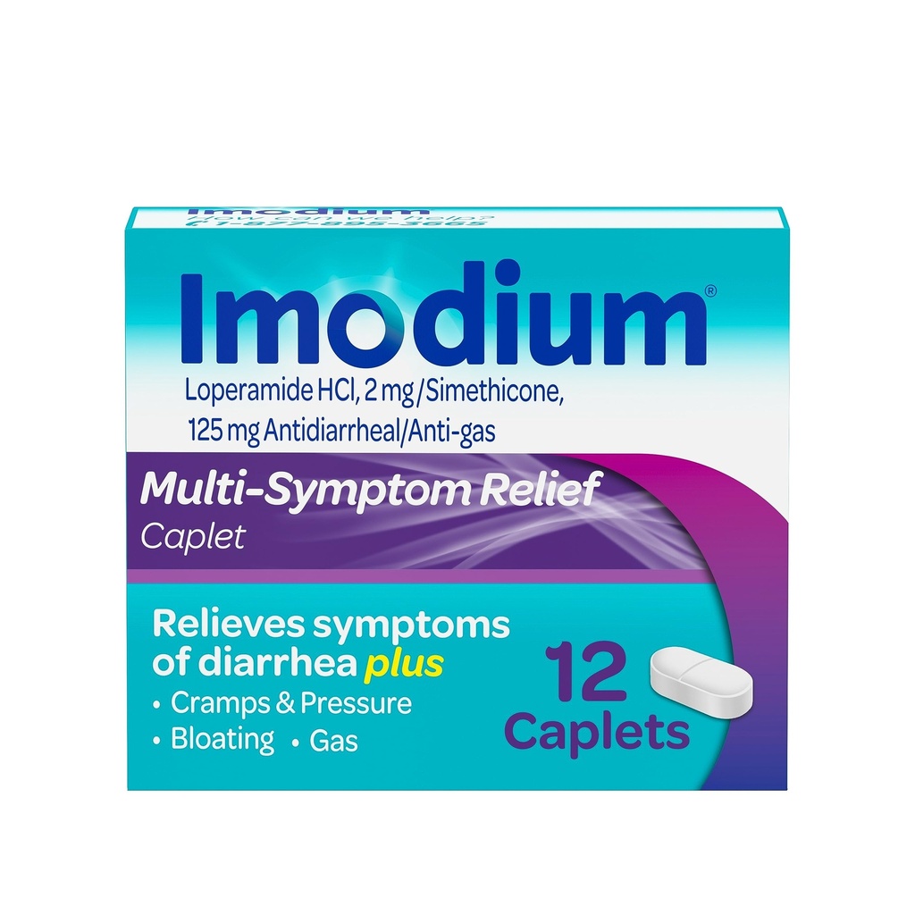 Imodium Multi- Symptom Relief Caplets, Loperamid Hydrochloride & Simeticon Anti- Diarrheral Medicine for Relief of Diarrhea, Gas, Bloating, Cramps & Pressure, HSA / FSA