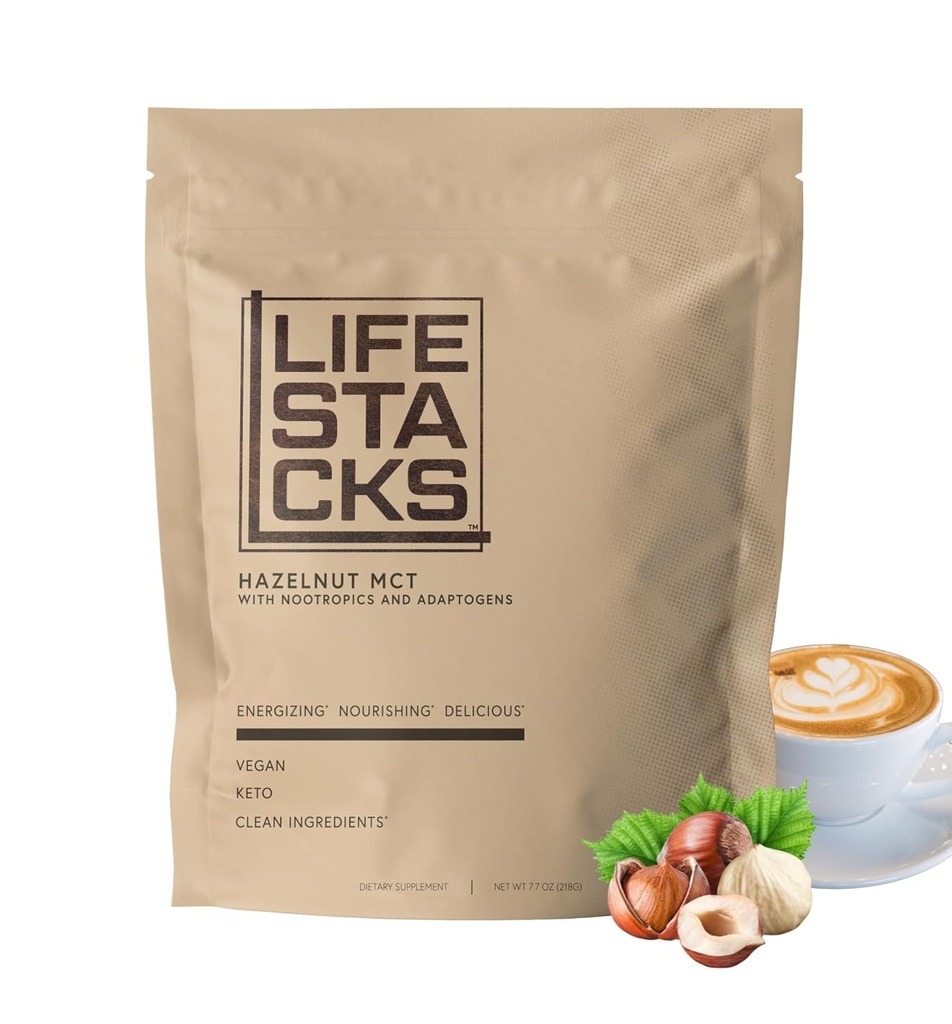 Hazelnut MCT Oil Powder to Boost Energy & Focus - Nootropics + Adaptogens for a Elevated Coffee Experience - Keto, Vegan, 0 Sugar - Stacked for Success with Ginseng, Rhodiola, L- Tyrozyna