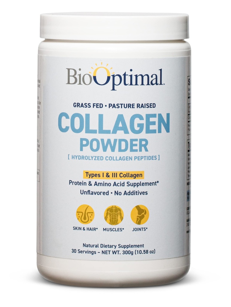 BioOptimal Collagen Peptydes Powder - Grass- Fed, Pastureised Zhydrolizowane suplement białkowy dla skóry, włosów, i paznokci - Non-GMO, Zero Sugar Daily Supplement for Men & Women (30 Servings)