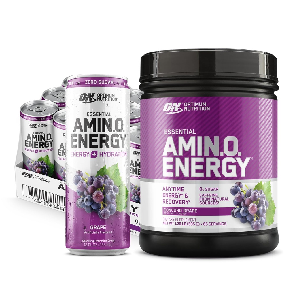 Optimum Nutrition Amino Energy Powder: Concord Grape (65 Servings) with Esential Amino Energy Plus Electrolyes Sparkling Drink: Grape (12 Puszek) - Pakiet zbiorczy