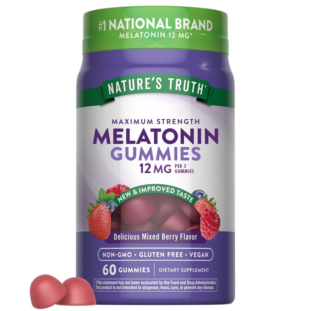 Nature 's Truth Melatonin Gummies' s 124; 12mg '124; Mixed Berry Flavor' s 124; Vegan, Non-GMO & Gluten Free Supplement