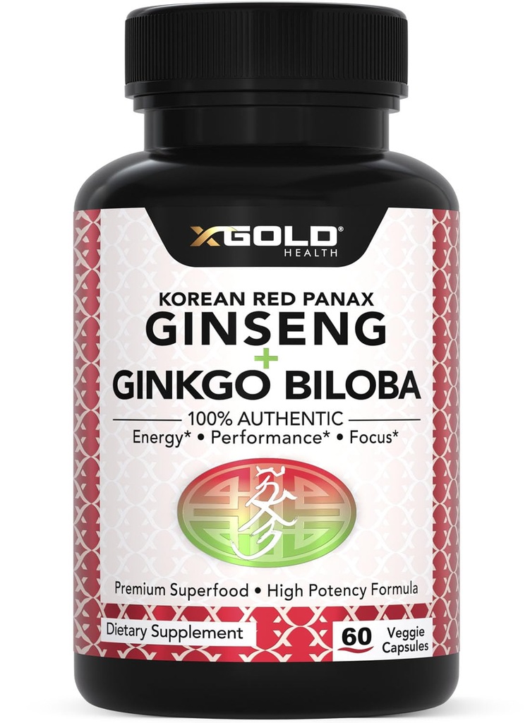 Koreański czerwony Panax Ginseng 1200mg + Ginkgo Biloba - Extra Siła Korzeń ekstrakt proszek Suplement w / Wysokie żeńsnozydy Vegan kapsułki dla energii, Wydajność i Focus - Suplement dla mężczyzn i kobiet