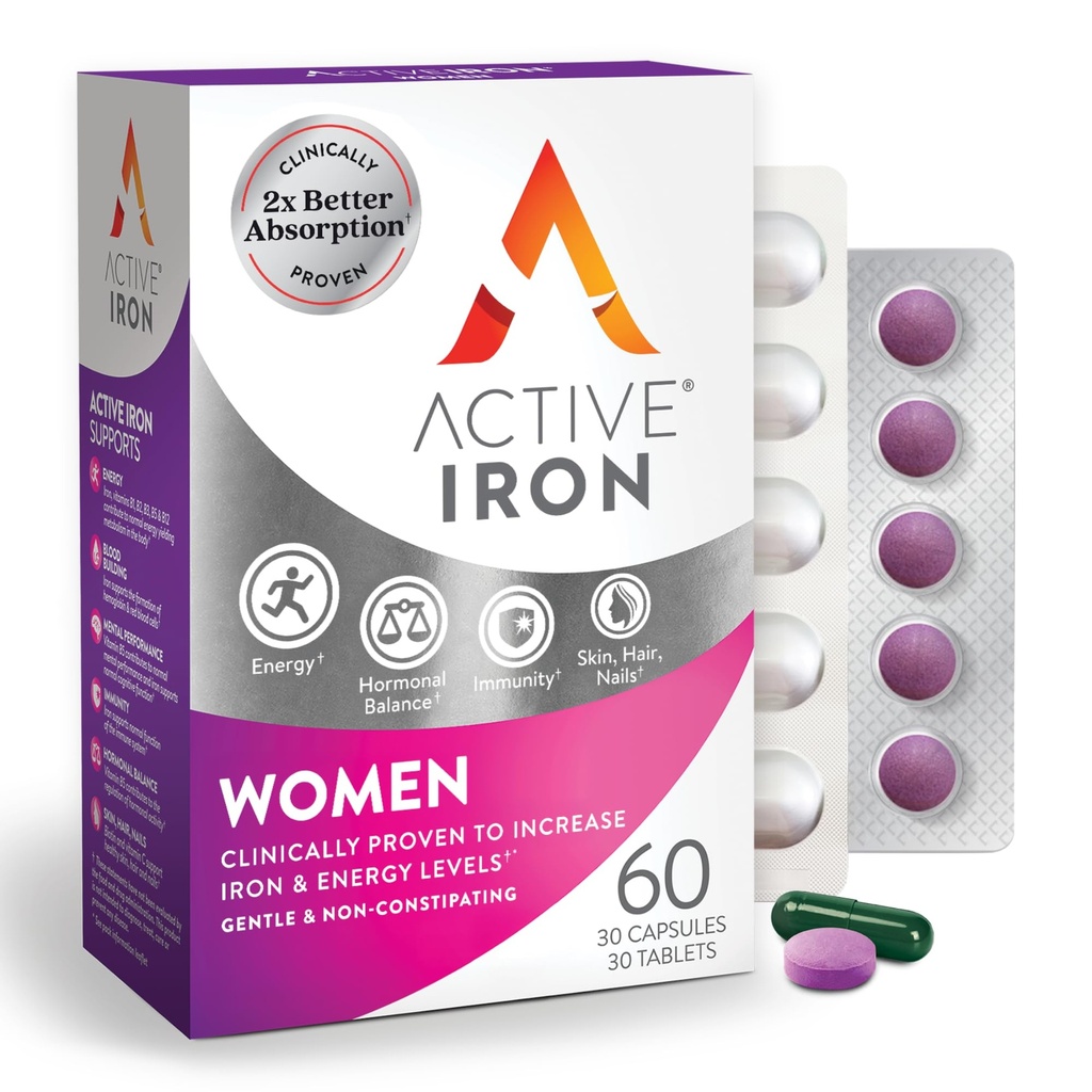 Active Iron Supplement 25mg + Multivitamin dla kobiet - klinicznie udowodnione zwiększenie energii i zmniejszenie zmęczenia - Delikatne, Niestygnujące Żelazko + Multiwitamina Kobiet - 30 Kapsułki + 30 Tabletki