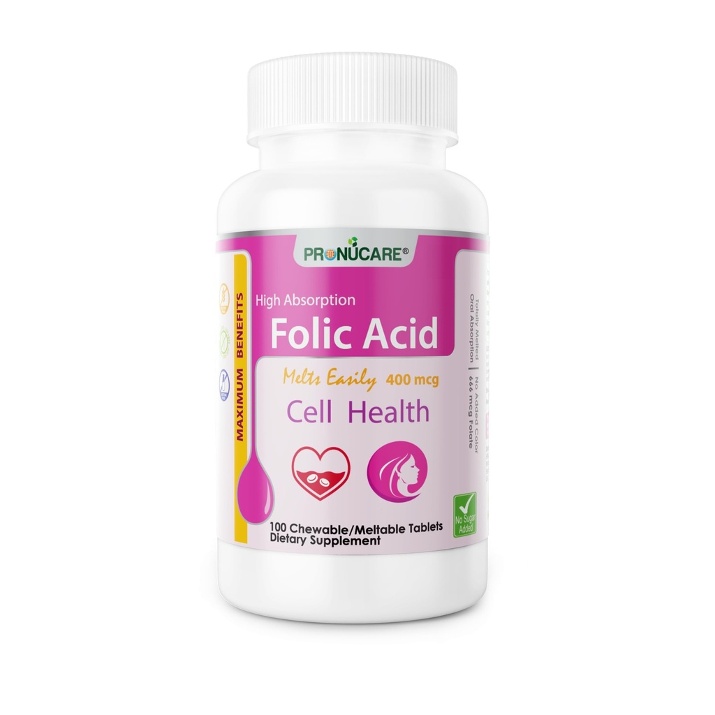 Kwas foliowy 400 µg Buccal Lozenge Tablets - Płynne rozpuszczanie do szybkiego wchłaniania, Prenatal & Neural Tube Support, Sugar- Free, 100 CT