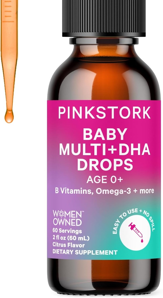 Pink Stork Baby Liquid Multivitamin Drops, Baby & Toddler Vitamin Drops with DHA, Vitamin C, D, B12 and Choline to Support Brain Health and Immune Function - 2 fl oz, 2 Month Supply