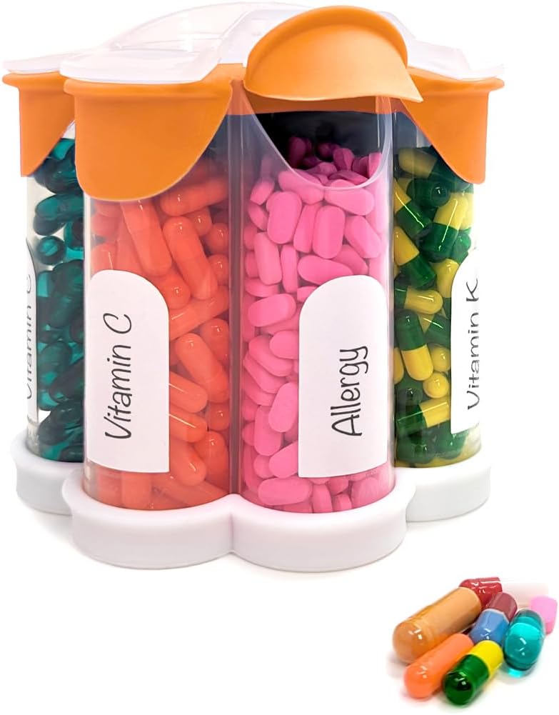 Extra Duży Pill Organizator Codziennie, Tygodniowy, Miesięczny Suplement Butelka, Cute Blossom Pill Dispenser z 7 XL Komory, Easy- Otwarte Pill Box dla witamin, Leki, Etykiety zawarte (Pomarańcza)