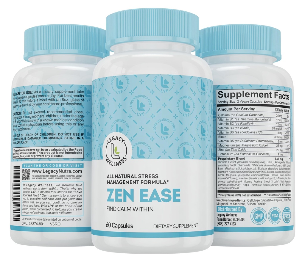 Legacy Wellness Zen Ease Calm Mind Supplement - Natural Vegan Formula - 5- HTP, Ashwagandha, St. John 's Wort, L- Theanine, Magnez, B- Vitamin - Kapsułki do promowania dobrego uczucia pokoju