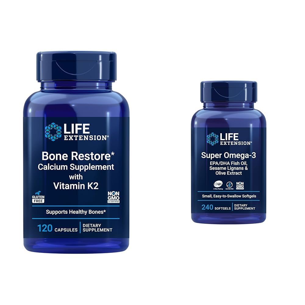 Life Extension Bone Restore + Witamina K2 Witaminy i Minerały zachowują zdrowie i siłę kości & Super Omega-3 EPA / DHA Olej rybny, Sezame Lignans & Olive Extract