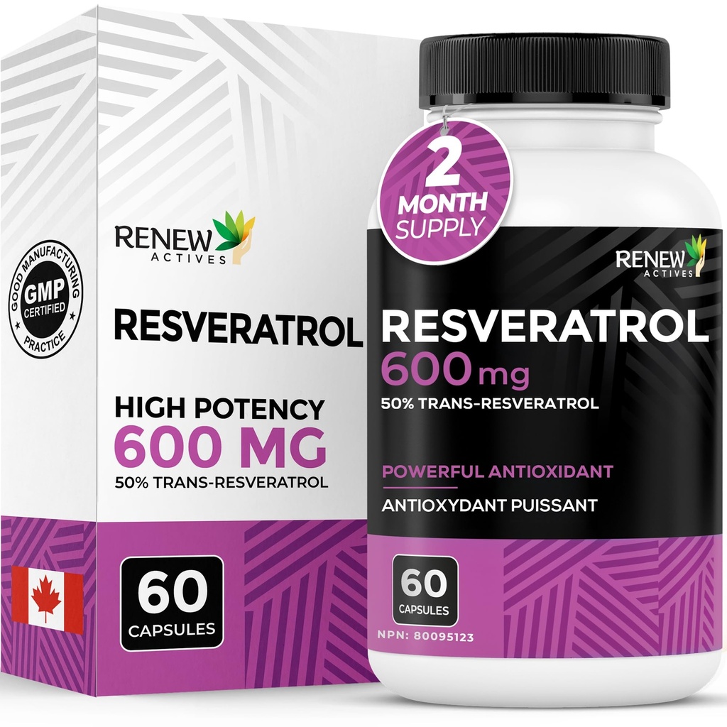 Renew Actives Resveratrol Supplement 600mg per Serving - Kompleks przeciwutleniaczy o dużej mocy z 50% Trans- Resveratrol - Supports Cellular Health & Longevity - Made in Canada - 60 Vegan kapsułki