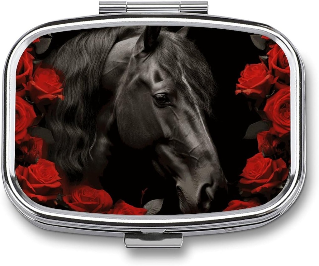 Czarny Koń na tle Red Roses Pill Box 2 Przenośny Pill Case Daily Square Pill Organizator do Pocket Purse Daily Medicine Container Hold Vitamin Fish Oil Travel prezenty