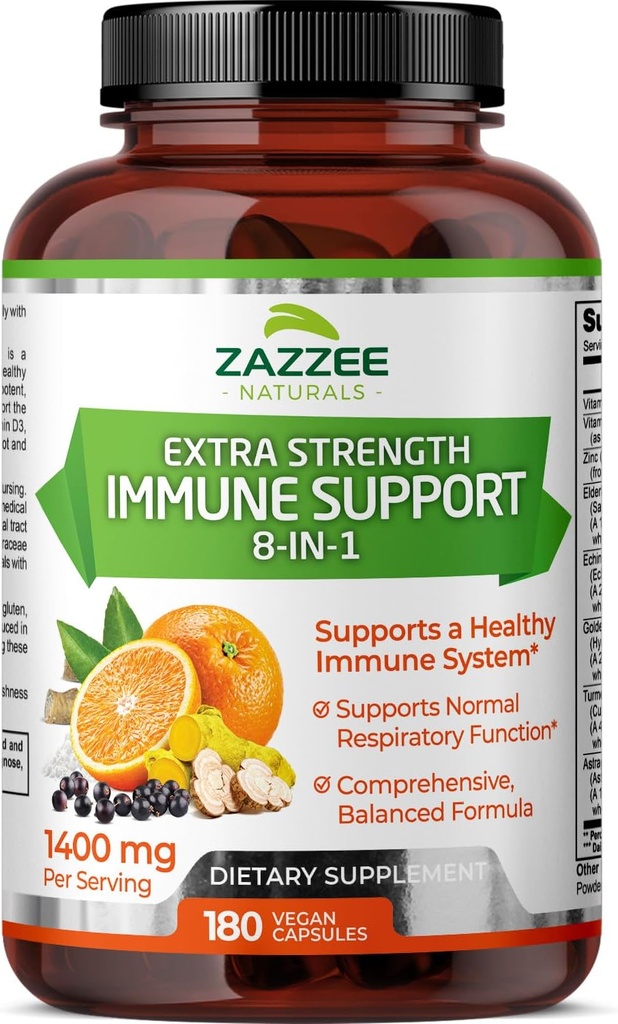 Zazzee Dodatkowa Siła 8- in-1 Wsparcie immunologiczne, 1400 mg na kapsułkę, 180 Kapsułek wegańskich, 1000 mg Witaminy C, 1000 IU D3, Cynk, Elderberry, Echinacea, Goldenseal, Turmeric, Astragalus, Made in USA