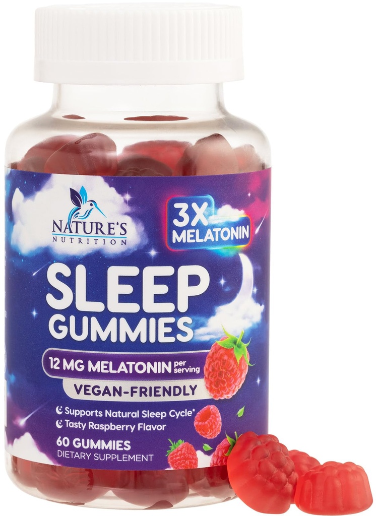 Melatonina Gummy dla dorosłych Dodatkowa siła - 12 mg Melatonina Sleep Gummy Suplement, Melatonina Gummy dla Sporadycznych Sleep Supplement Supplement, Wegan, Non-GMO, Gluten Free, Gomitas para Dormir, 60 Gummies