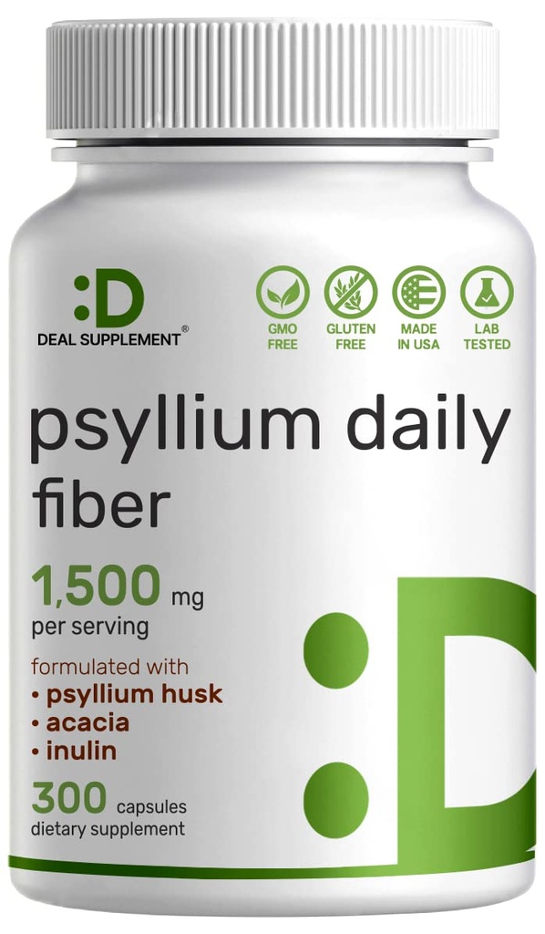 Psyllium Husk 1500mg Per Serving, 300 Kapsułek - 3 w 1 Suplement włóknisty z Inulina & Acacia Complex - Naturalny Fiber rozpuszczalny, Wspiera zdrowie pokarmowe - Na bazie roślin, Non-GMO