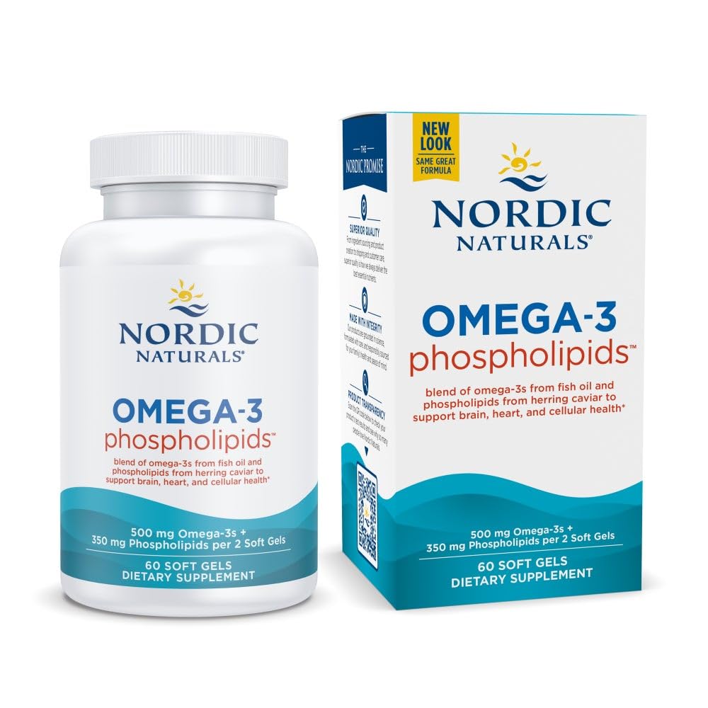 Nordic Naturals Omega-3 Fosholipids, Unflavored - 60 Soft Gels - 500 mg Omega-3 & 350 mg Fosholipids - Heart & Brain Health - Small, Easy To- Swallow Soft Gels - Non-GMO - 30 Servings