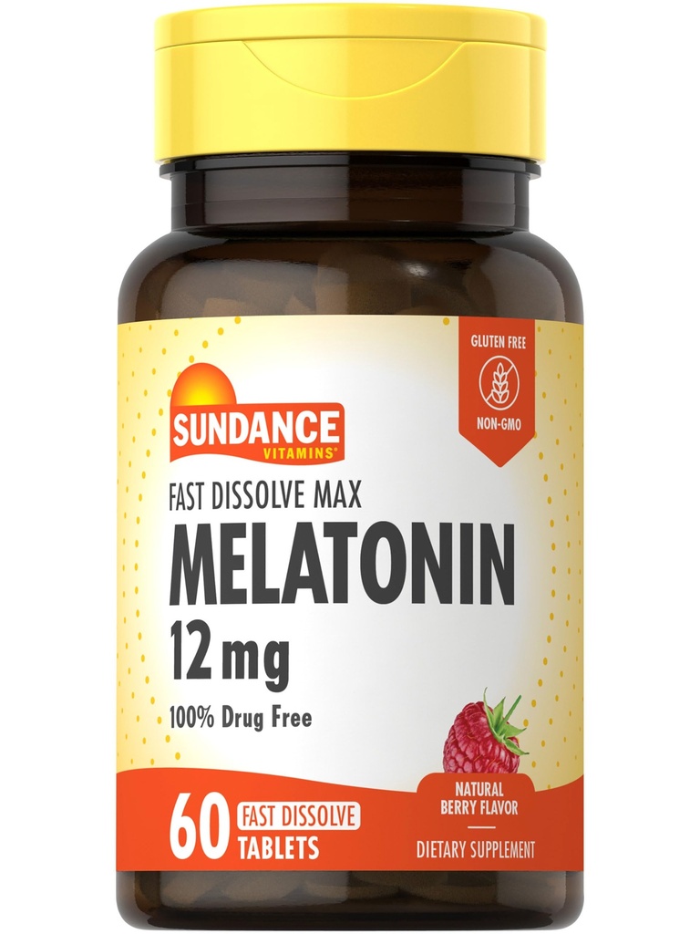 Sundance Melatonina 12mg 124; 60 Szybko Rozpuścić tabletki 124; Natural Berry Flavor 124; Wegetarianin, Non-GMO, i gluten suplement