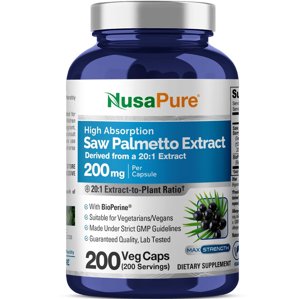 NusaPure Saw Palmetto 20: 1 Extract, 200 mg Ekwiwalent 4000 mg na Veggie Caps 200 Count Non-GMO, Vegan, Vegetarian, Bioperine