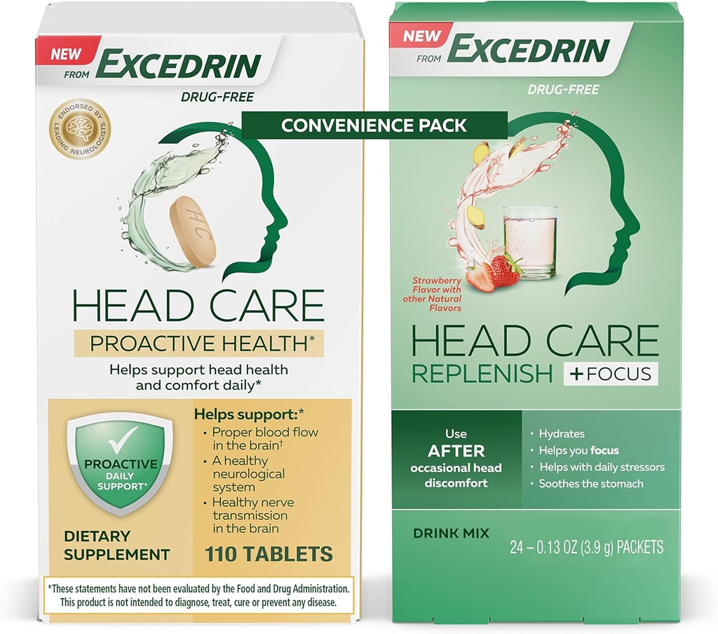 Excedrin Head Care Proactive Health Dietetic Supplement - 110 Count and Head Care Replenish Plus Focus Drink Mix from 24 Pakiety Convenience Pack