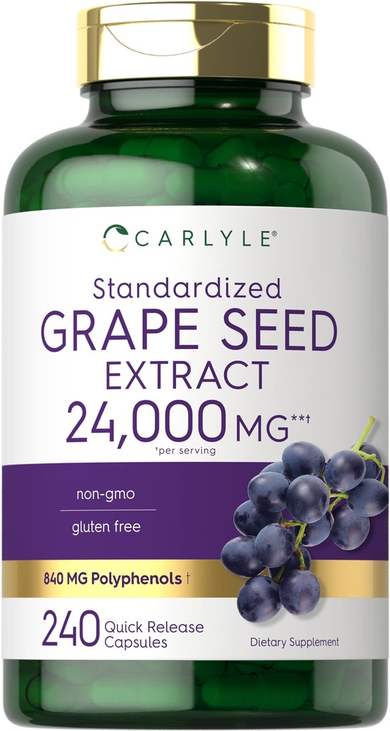 Ekstrakt Carlyle Grape Seed 24 000 mg równoważny 240 Kapsułki 124; Wyciąg o maksymalnej mocy znormalizowanej 124; Non-GMO, Gluten Free