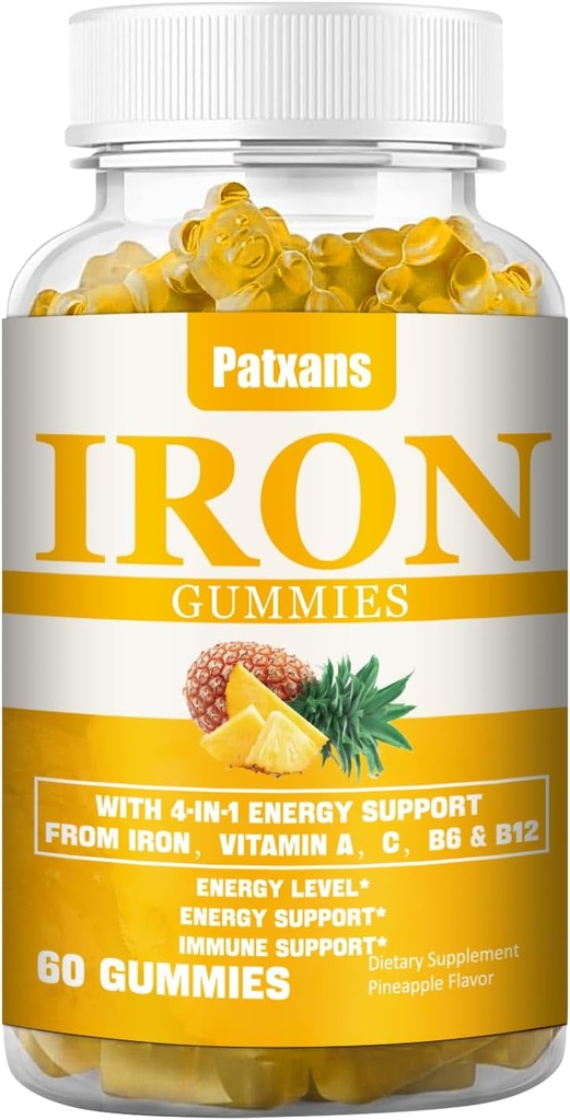 1 Pack 100MG Żelaza Suplement Gumiaki dla Kobiet i Mężczyzn - z witaminą A, C, B - Wsparcie energetyczne dla niedoboru żelaza, Anemia, Dorośli dzieci, Gummy aromat ananasowy, 60ct.