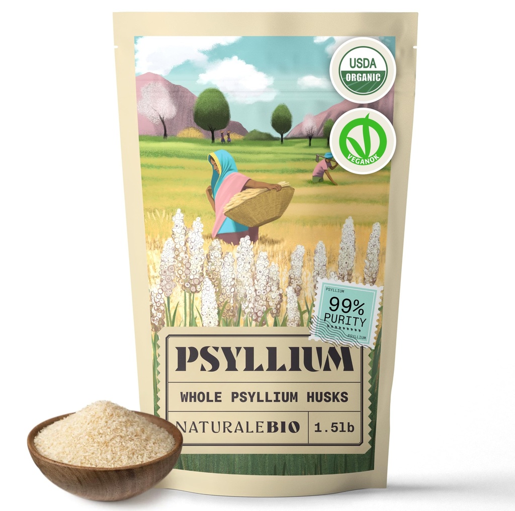 NaturaleBio Whole Pyllium Husk. 1,5lbs. 99% Czysty Pyllium Seed Husks. Naturalny suplement włóknisty. USDA Organic Certified. Produkowany w Indiach. Gluten Free, Keto, Paleo, Vegan Diets. Probiotyki