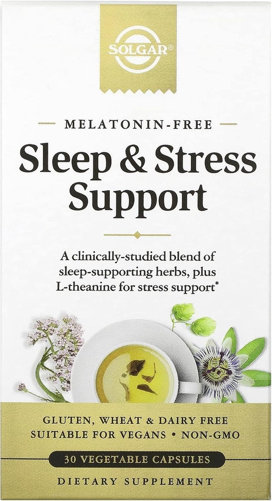 Solgar Sleep & Stress Support, Kapsułki roślinne, Melatonina Free, Pomaga Relax, Spokój, Upadek Asleep szybko, Poprawa jakości snu z Valerian, Passionflower, Chmiel, Non-GMO, 15 Sług, 30 Hrabia
