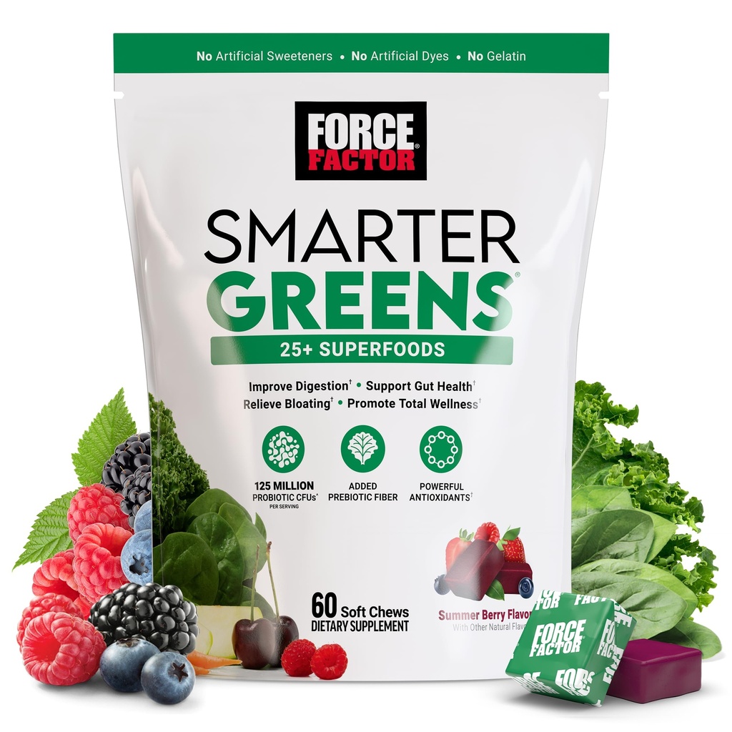 FORCE FACTOR Smarter Zielone Superfood Chews, Zielone i Superfood z Probiotyki, Przeciwutleniacze i Fiber, Suplement Zielonych do wsparcia trawienia, tlenek azotu i energii, 60 Soft Chews
