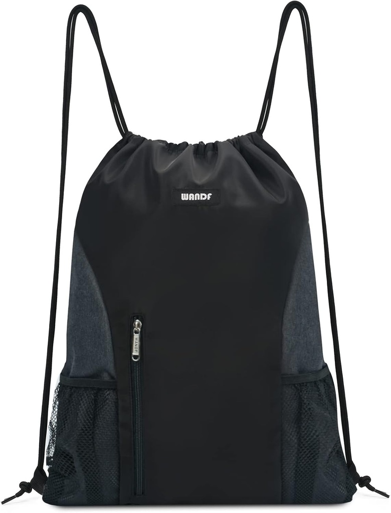 WANDF Drawstring Backpack Sports Gym Sackpack z Mesh Pockets Water Resistant String Bag for Women Men (Czarny)