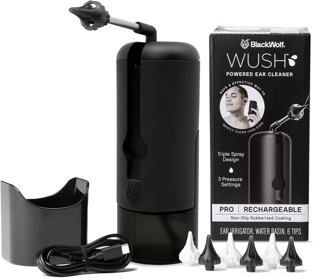 Whush Pro By Black Wolf - Deluxe Woda napędzany czyścicie- Bezpieczne i Efektywne - Elektryczne Triple Jet Stream 3 Ustawienia ciśnienia dla Huar Wax Buildup - Ear Wax Usuwanie Kit- Odporny na wodę USB