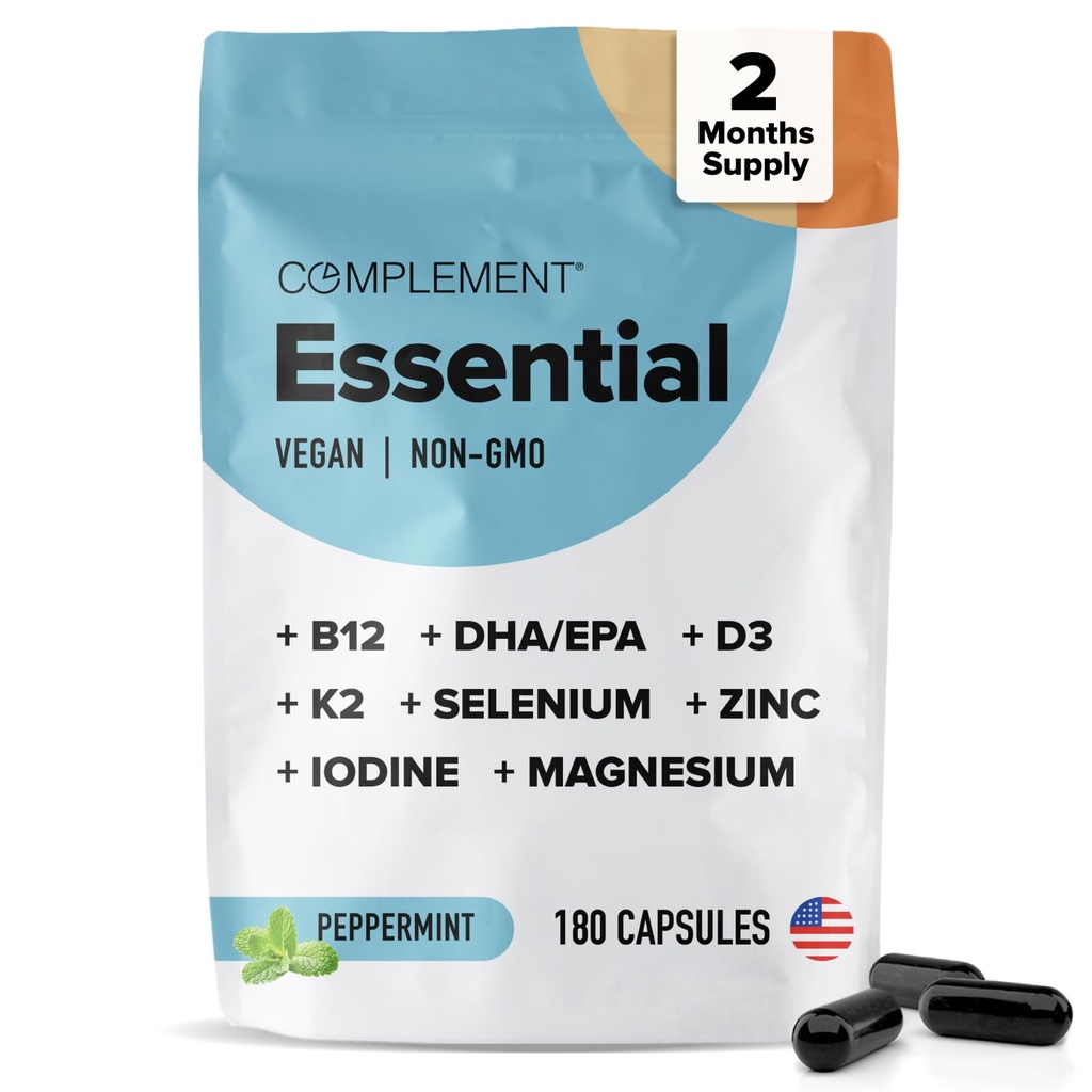 Komplement Esential Vegan Multivitamin dla mężczyzn i kobiet (60 Sług, 180 Kapsułki) z Omega-3 DHA & EPA, B12, Witamina D3 & K2, Cynk, Selen, Magnez, Jod - Wspiera odporność i ogólne zdrowie
