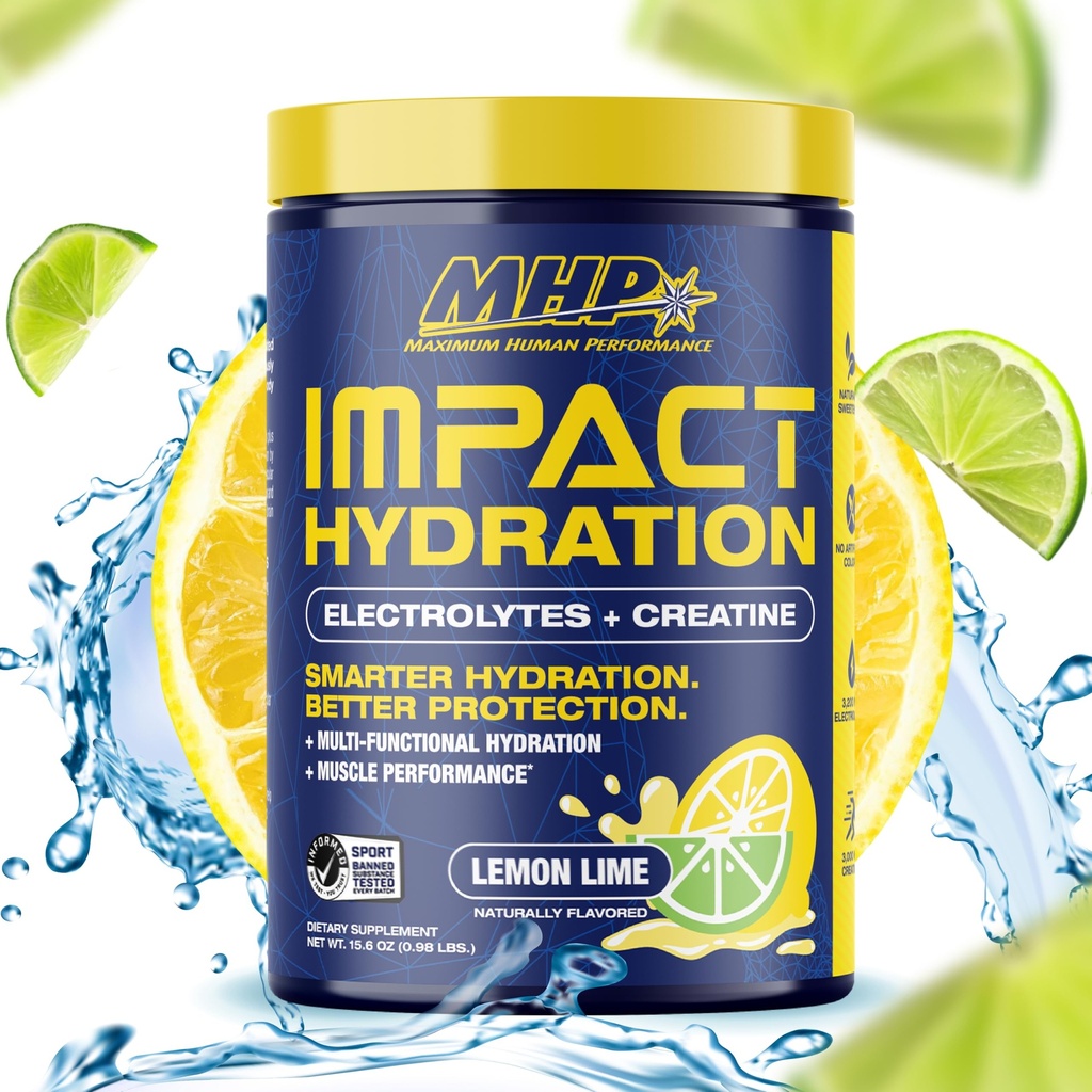 MHP Impact Hydration Electrolyte Creatine Sports Drink Mix, Brak sztucznych słodzików lub kolorów, Wydajność, Wytrzymałość, Odzysk, Limonka Lemon, 30 Służenie