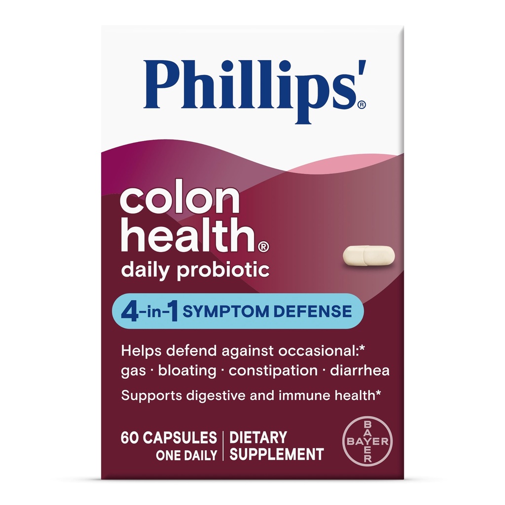 Phillips 'Colon Health Daily Probiotic Kapsułki, 4- in-1 Symptom Defense, aby pomóc w obronie przed gazem sporadycznym, Bloating, Zaparcia i Biegunka, Daily Supplement, 60 Count