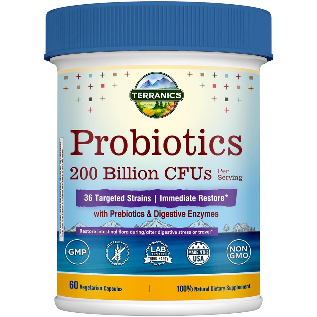 Probiotyki Terranics Daily dla mężczyzn i kobiet, 200 Miliard 36 Szczepy Natychmiastowe Przywracanie Probiotyki, z Prebiotyki i Enzymy, Zdrowe Regularność, Opóźnione Release, Szafka Stable, 60 Kapsle Veggie